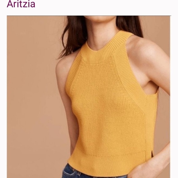 2/25 Aritzia Wilfred Cravier Ribbed Cropped Sweater Tank Gold Mustard - Picture 1 of 5